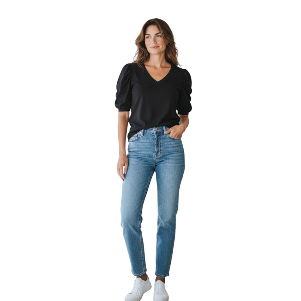 7 For All Mankind Rib Collar V-Neck Puff Sleeve Twist Cuff Tee Black M